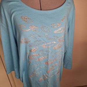 Karen Scott Light Blue 3/4 Sleeve  Top with Silver Rhinestone Accent